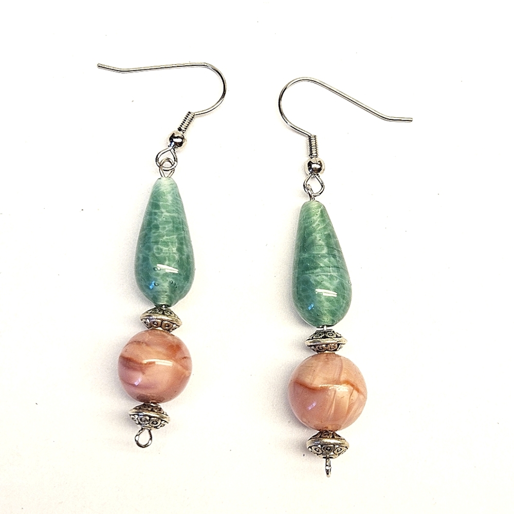 Green and Pink Vintage Beaded Earrings